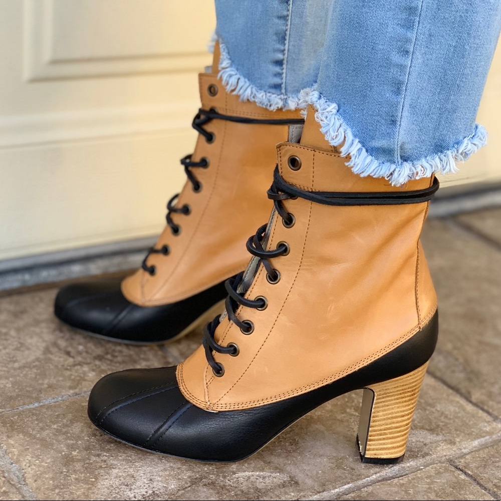 Leather High Heel Lace Up Tall Granny Duck Boots - Picture 6 of 8